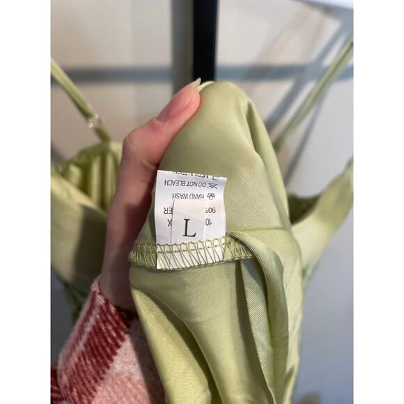 Sleeveless Ruched Night Out Mini Dress Green L Spaghetti Strap Satin - Picture 7 of 8